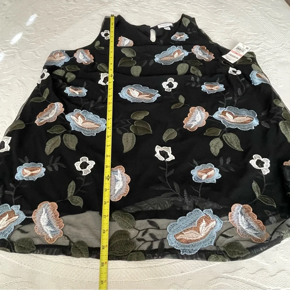 Charter Club semi sheer Black Floral Embroidered Mesh Tank Blouse Top‎